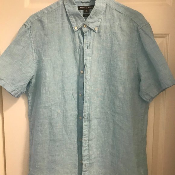 Michael Kors Men's Light Blue 100% Linen Short Sleeve Button Down Shirt, Size L - Picture 1 of 5